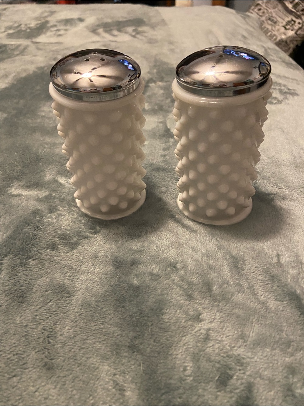 Fenton White Hobnail Milk Glass Salt & Pepper Shakers with Silver Tops